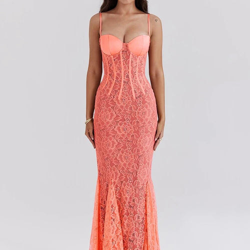 Load image into Gallery viewer, Floral Lace Sexy Maxi Dress For Women Orange Spaghetti Strap Sleeveless Backless Bodycon Club Party Long Dress Elegant
