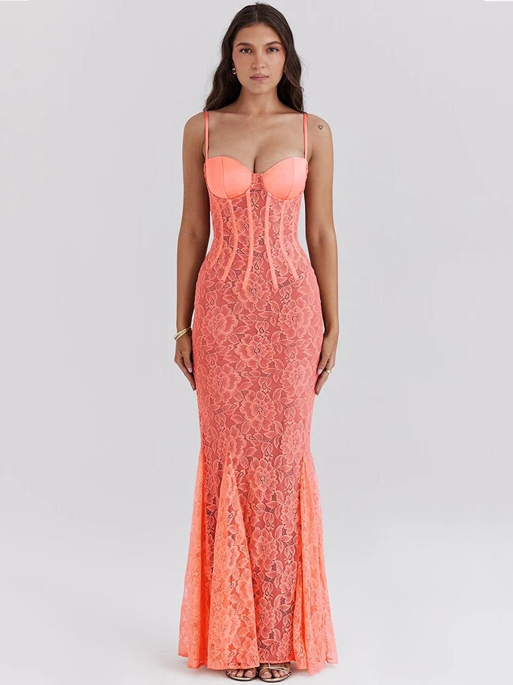 Floral Lace Sexy Maxi Dress For Women Orange Spaghetti Strap Sleeveless Backless Bodycon Club Party Long Dress Elegant