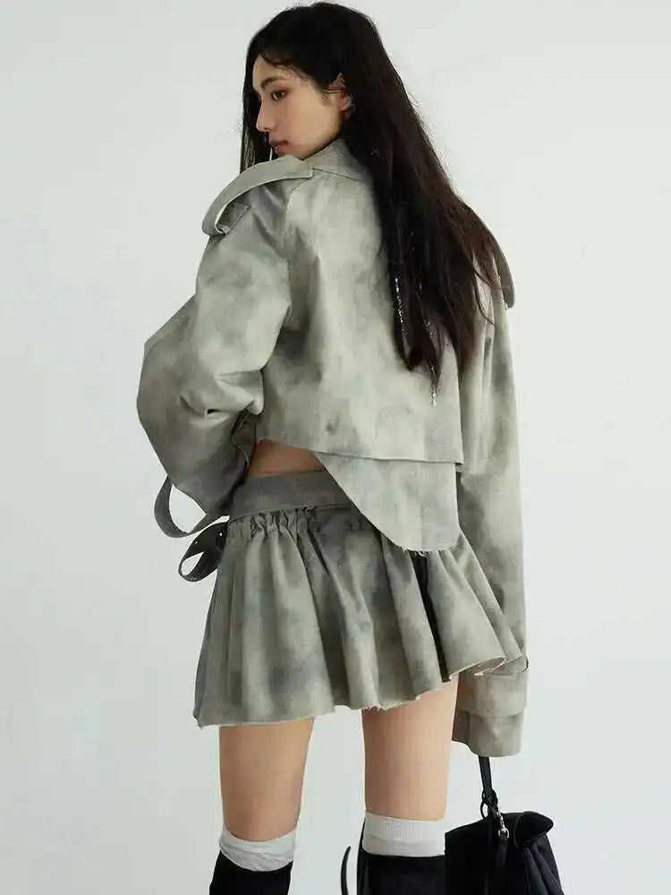 Gray Big Size Jacket Half-body Skirt Two Pieces Suit New Lapel Long Sleeve Women Fashion Tide Spring Autumn 2025 1DH7068