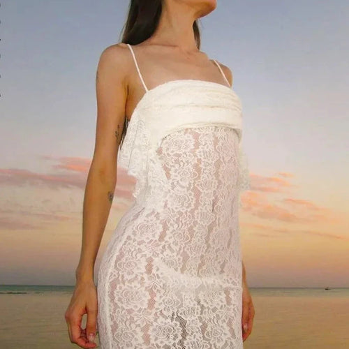 Load image into Gallery viewer, Y2k Fairycore Spaghetti Strap Backless Long Dresses 2024 Summer See Through Lace White Dress Coquette Clothes C16-DC28
