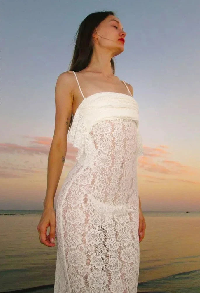 Y2k Fairycore Spaghetti Strap Backless Long Dresses 2024 Summer See Through Lace White Dress Coquette Clothes C16-DC28