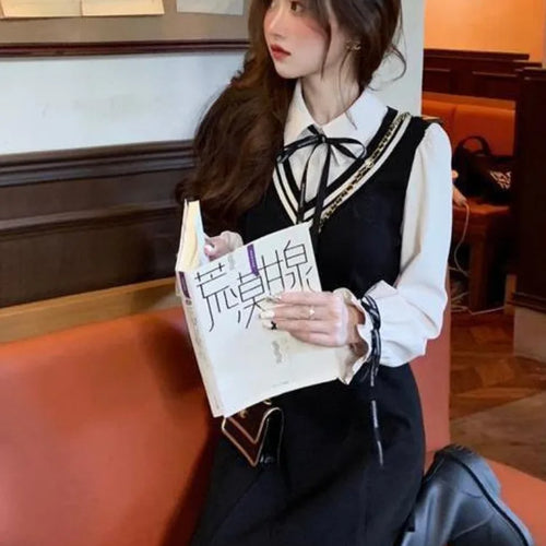 Load image into Gallery viewer, Preppy Style School Dress Polo Korean Fashion Kawaii Student Fake Two Pieces Mini Short Dresses Autumn Chic
