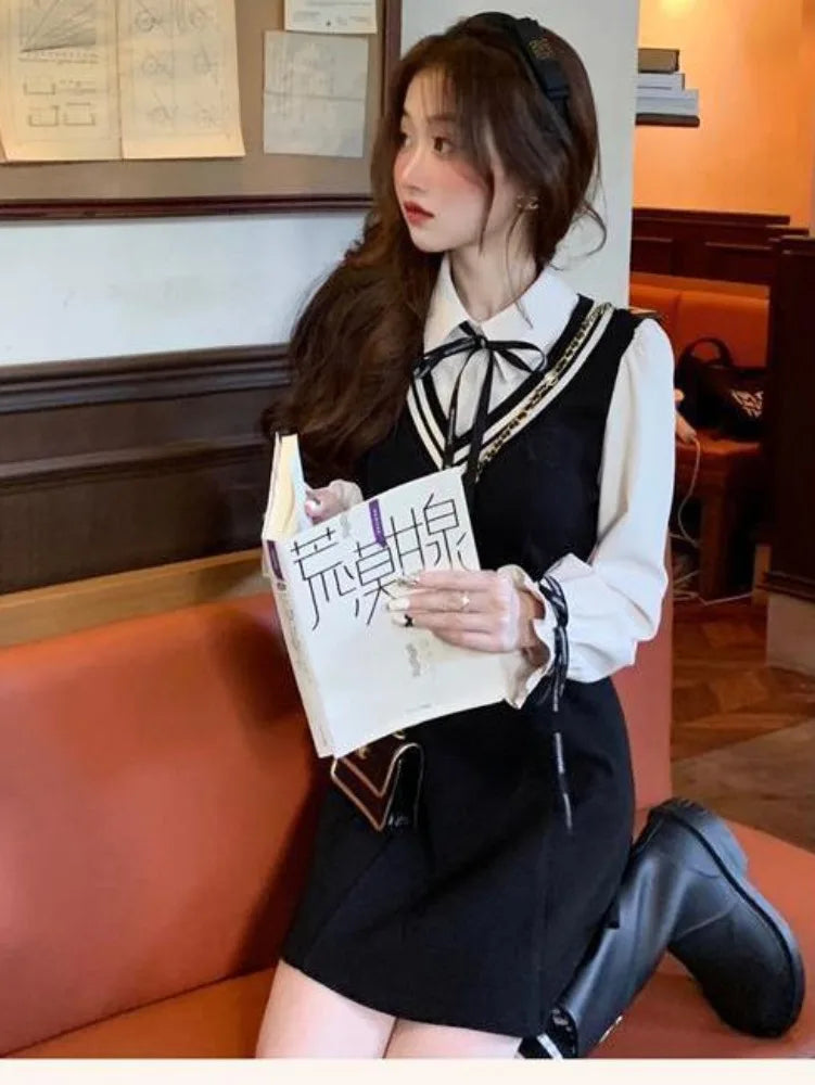 Preppy Style School Dress Polo Korean Fashion Kawaii Student Fake Two Pieces Mini Short Dresses Autumn Chic