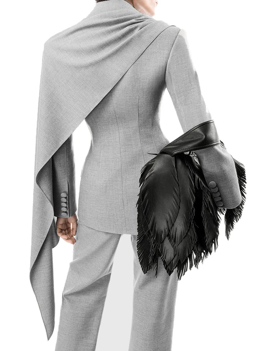 Slimming Spliced Ribbon Temperament Blazers for Women Lapel Long Sleeves Patchwork Folds Blazer Female Clothing New