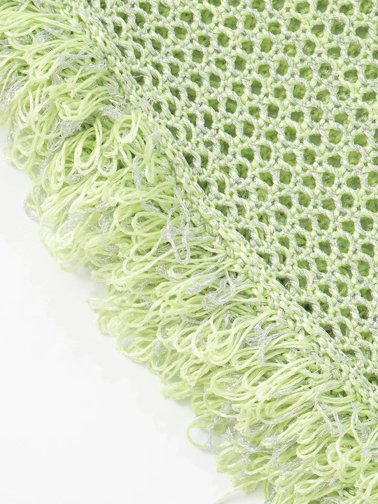 Spaghetti Strap Tassel Knit Mini Dress Women Summer New Hollow Out See Through Backless Beach Holiday Club Dress