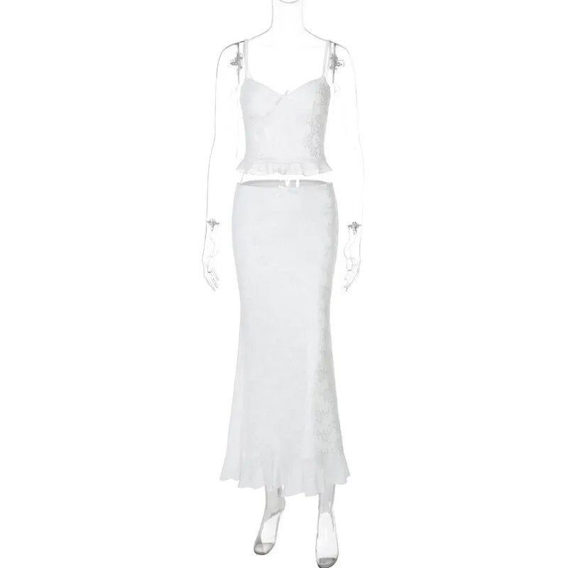 Lace Sexy Two Piece Sets Women Spaghetti Strap Sleeveless Crop Tops And Long Skirt Matching Sets Elegant Club Sets