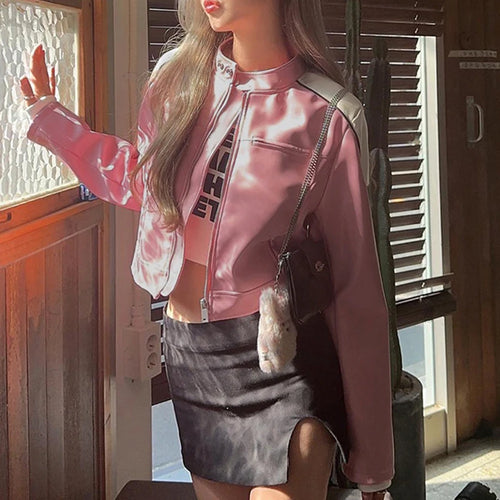 Load image into Gallery viewer, Fashion Pink Stripe Spliced Autumn Jacket for Women Zip Up PU Leather Coat Korean Streetwear Winter Jackets Contrast
