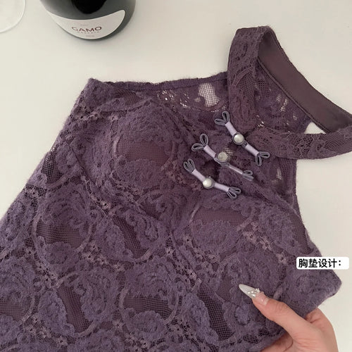Load image into Gallery viewer, Vintage Chinese Style 2024 Women Fashion Purple Lace Sexy Sleeveless Button Dress Summer Elegant Off Shoulder Slim Short Dresses

