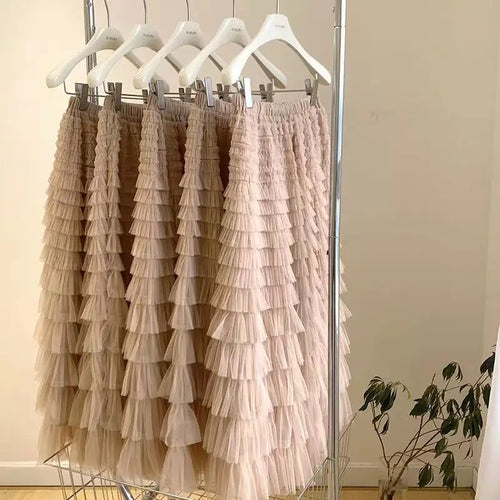 Load image into Gallery viewer, Solid Mesh Cake Skirts Women Elegant Cascading Ruffles A Line Long Skirt Female Casual Elastic Waist Party Princess Skirt French
