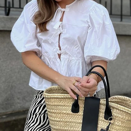 Load image into Gallery viewer, Fashion Chic White Women Shirt Top Puff Sleeve Korean Style Split Cardigan Summer Blouse Bow Cutecore Coquette Girls
