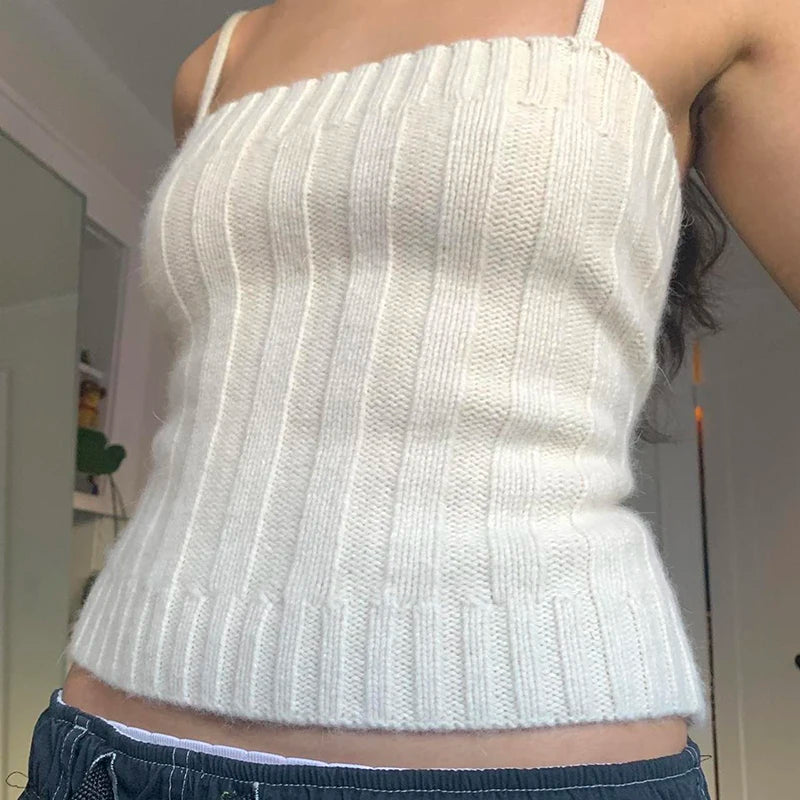 Strap Casual White Knitted Camis Tops Skinny Solid Basic Korean Style Summer Crop Top Women Knitwears Outfits Tanks