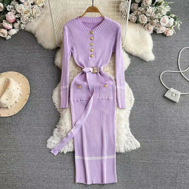 Korean Fashion Women's Stripe V Neck Elegant Slim Long Sleeved Dress Spring Vacation Single Breasted Office Knitted Dress Casual