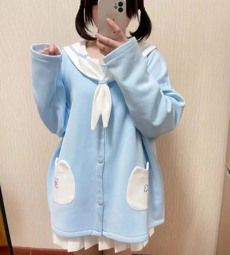 Sailor Collar Hoodies Women Fake Two Sweet Y2k Tops Bear Ear Long Sleeve Casual Sweatshirts Fashion Japanese Oversized Hoodie