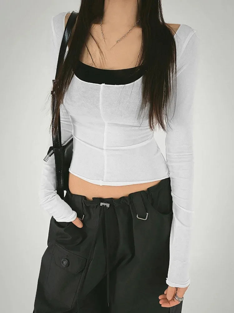 2025 Autumn New Slim Two Pieces Set Women Grunge Solid Streetwear Tops + Sleeveless All Match Black Vest Y2k Aesthetic Fashion