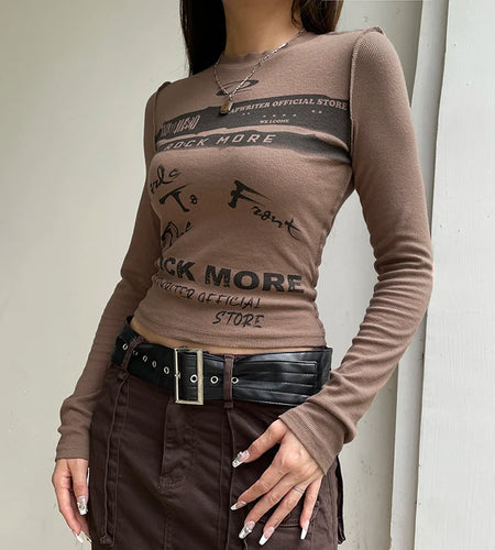 Y2K Streetwear Knit Graphic T shirts Print Bodycon Long Sleeve Autumn Tee Pullover Harajuku Slim O-Neck Top Aesthetic