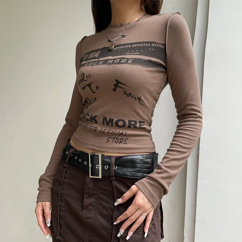Y2K Streetwear Knit Graphic T shirts Print Bodycon Long Sleeve Autumn Tee Pullover Harajuku Slim O-Neck Top Aesthetic