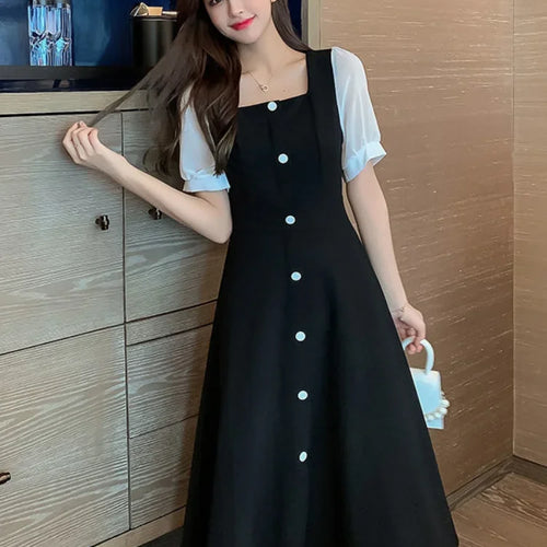 Load image into Gallery viewer, Korean Style Black Dress Women Vintage Square Collar Long Sleeve Midi Dresses Kpop Fashion Autumn Robes Female
