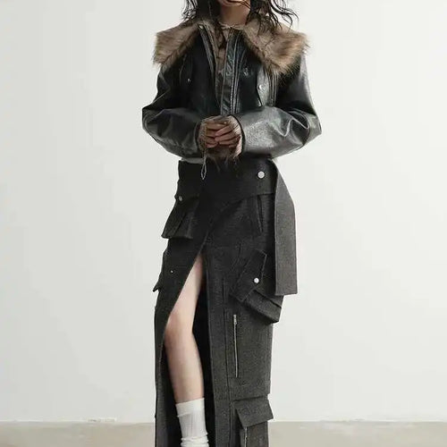 Load image into Gallery viewer, High Waist 30% Wool Gray Pocket Slit Elegant Woolen Half-body Skirt Women Fashion Tide New Autumn Winter 2025 1DH4038
