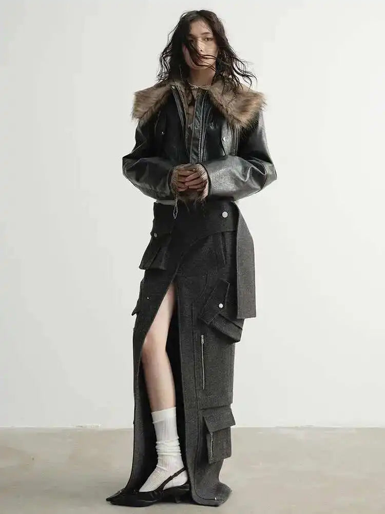 High Waist 30% Wool Gray Pocket Slit Elegant Woolen Half-body Skirt Women Fashion Tide New Autumn Winter 2025 1DH4038