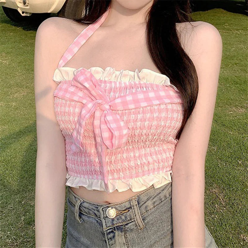 2000s Girls Clothes Women Plaid Ruffle Sleeveless Backless Halter Neck Crop Top Fairycore Tee y2k Clothing Streetwear