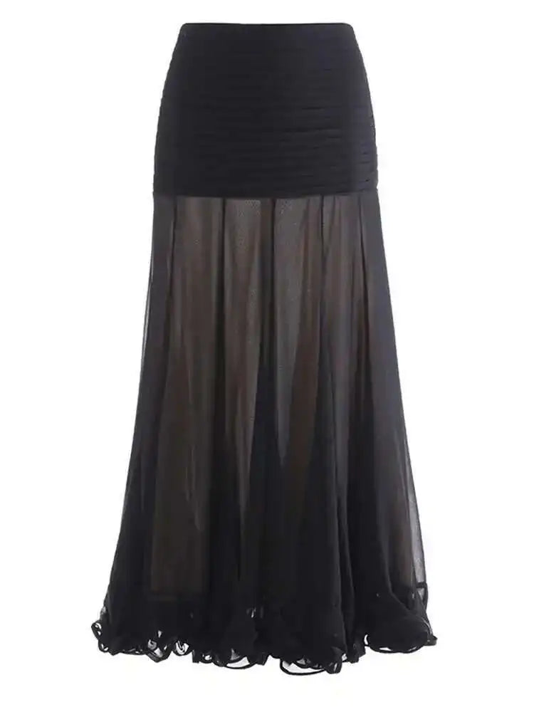 High Waist Black Pleated Chiffon Mesh Elegant Long Half-body Skirt Women Fashion Tide New Spring Autumn 2025 1DH9156