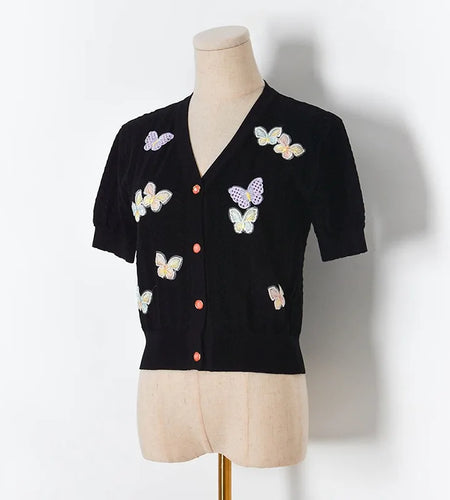 Women Knitwear Short V-Neck Summer New Butterfly Hollow Out Cardigan 90s Sweater B-065