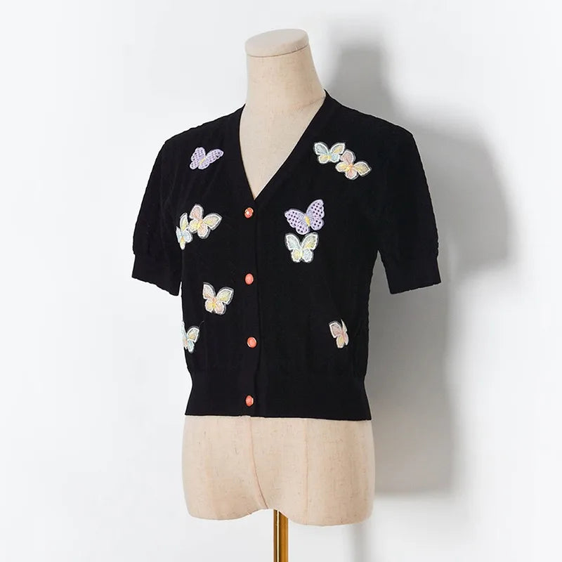 Women Knitwear Short V-Neck Summer New Butterfly Hollow Out Cardigan 90s Sweater B-065