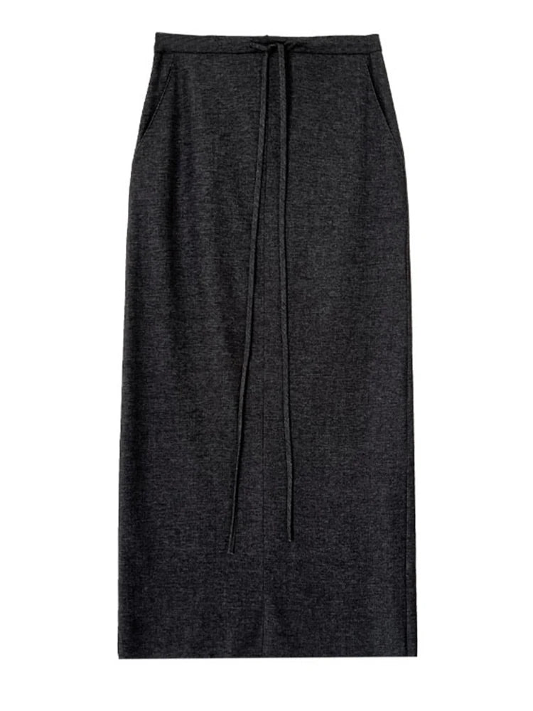 High Elastic Waist Gray Drawstring Back Slit Elegant Half-body Skirt Women Fashion Tide New Spring Autumn 2025 1DJ1372