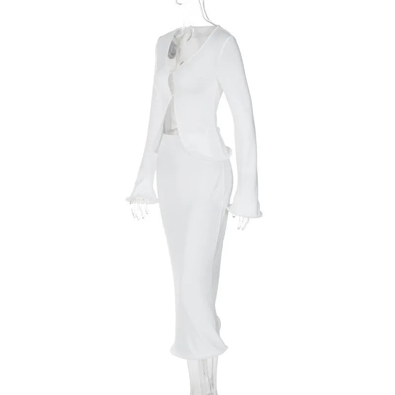 Elegant Sexy Skirt Two Piece Sets Women Autumn New V Neck Long Sleeve T-shirt And Long Skirt Matching Two Piece Sets