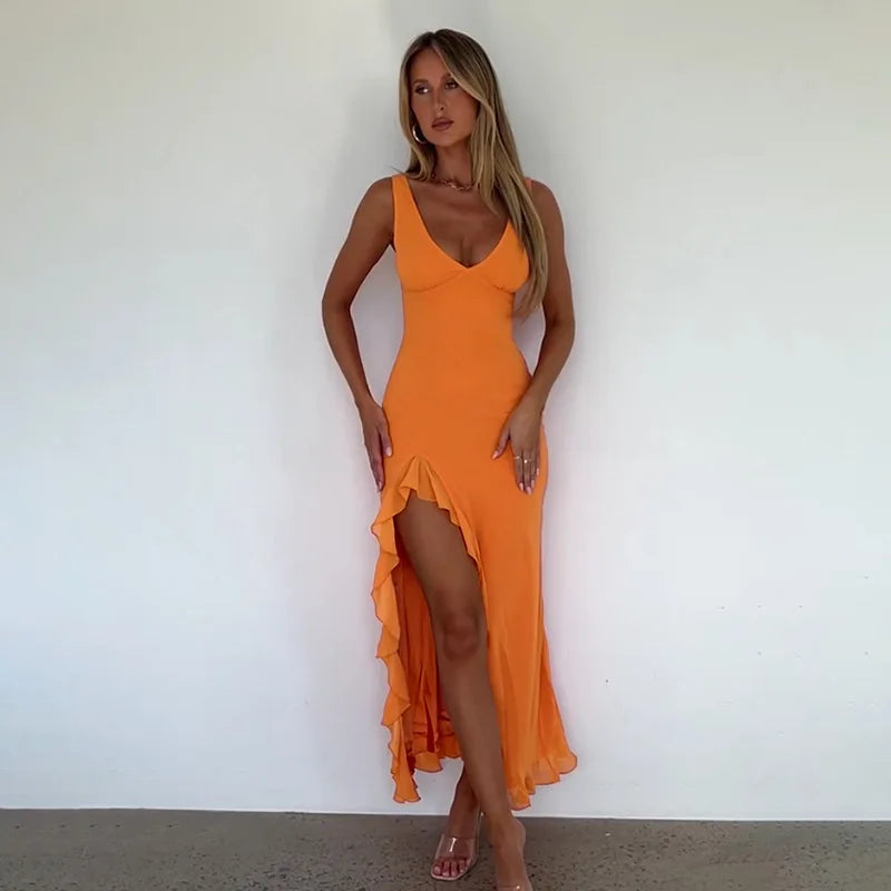 Elegant Sleeveless Ruffles Sexy Long Dress For Women Summer New Deep V Neck Backless Thigh High Split Maxi Dress