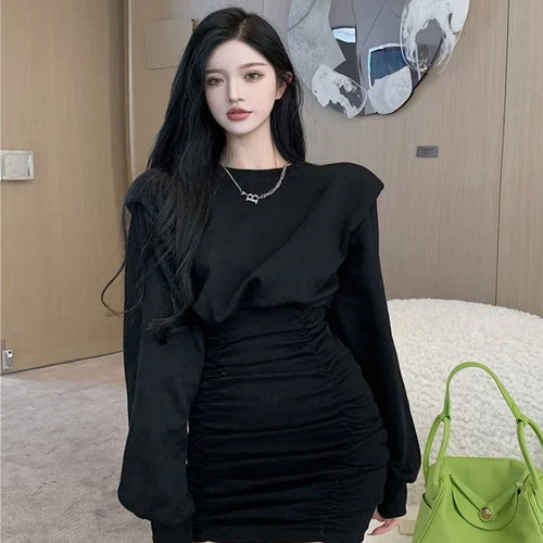 Load image into Gallery viewer, Y2k Black Bodycon Dress Korean Fashion Wrap Ruched Slim Party Mini Short Dtresses for Women Sexy Robe Female Outfit
