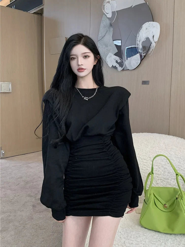 Y2k Black Bodycon Dress Korean Fashion Wrap Ruched Slim Party Mini Short Dtresses for Women Sexy Robe Female Outfit