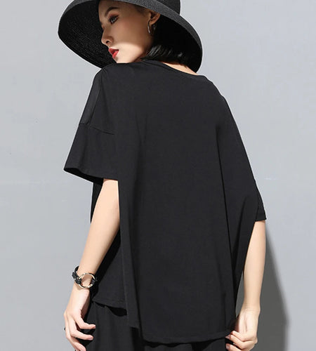 Women Black Pocket Irregular Spliced Big Size T-shirt New Round Neck Short Sleeve Fashion Tide Spring Summer 2025 1DJ1740