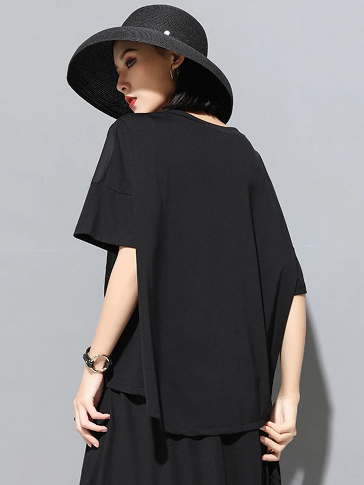 Women Black Pocket Irregular Spliced Big Size T-shirt New Round Neck Short Sleeve Fashion Tide Spring Summer 2025 1DJ1740