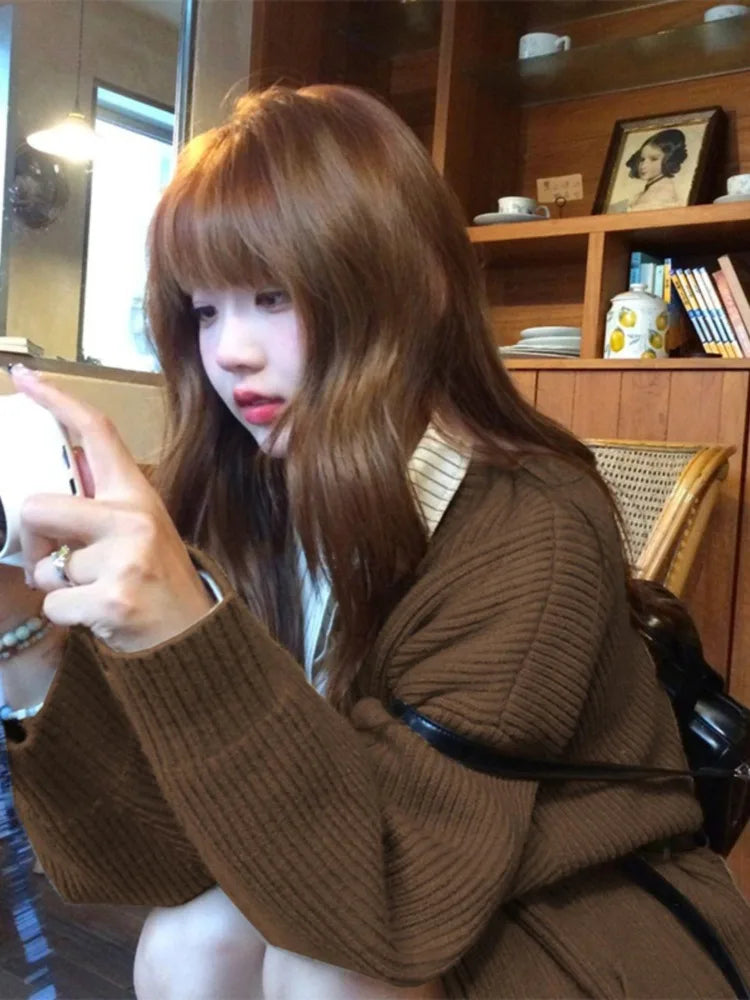 Autumn Sweet Y2k Aesthetic Casual Knitted Cardigans 2025 Grunge Gentle Solid All Match Tops Harajuku Loose V Neck Sweater Women