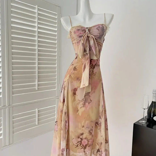 Load image into Gallery viewer, Summer Vintage Fashion Yellow Print Bow Party Long Dress For Women Elegant Slim Vacation Backless Dresses 2025 New Robe Bohemian
