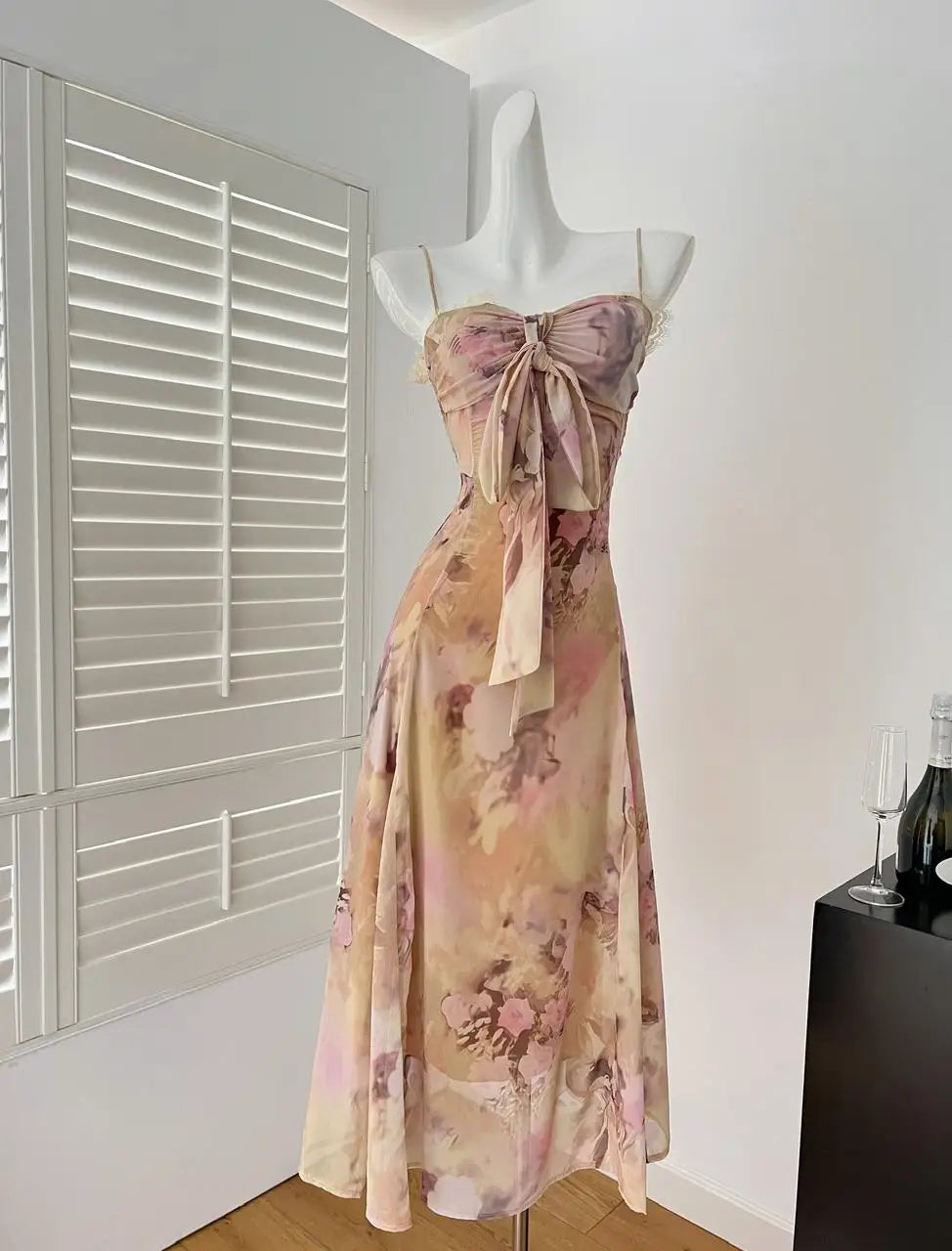Summer Vintage Fashion Yellow Print Bow Party Long Dress For Women Elegant Slim Vacation Backless Dresses 2025 New Robe Bohemian