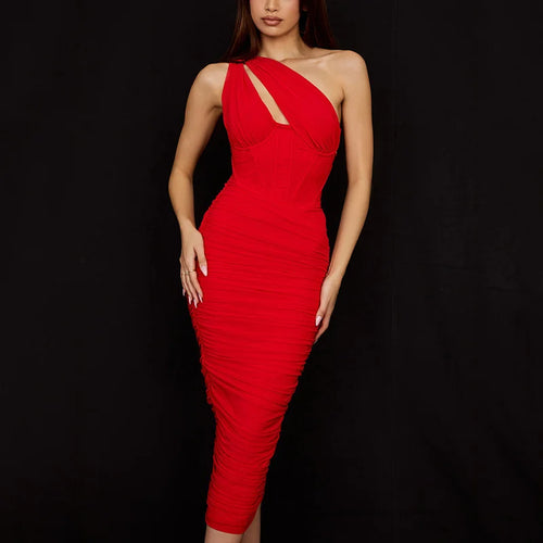 Load image into Gallery viewer, High Quality Mesh One Shoulder Backless Midi Dress For Women Fashion Hollow Out Sleeveless Ruched Long Dress Vestido
