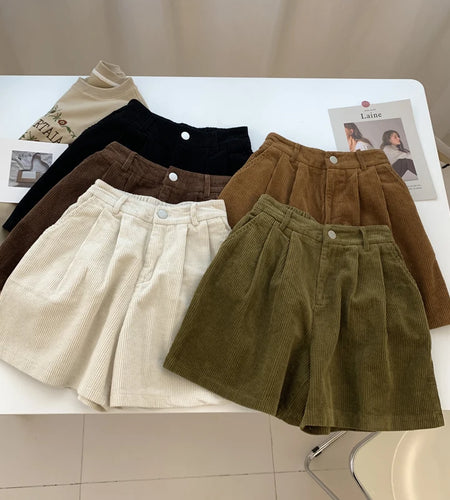 Corduroy Women's Cargo Shorts Autumn Winter High Waist Wide Leg Shorts Casual Vintage Female Trousers Fashion