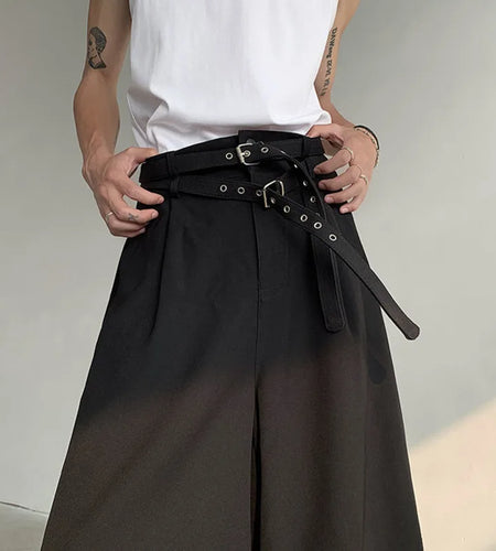 Summer Men's Five-point Shorts Casual Straight Double Belt Design High-waisted Black Male Clothing Wide Leg 9C5517