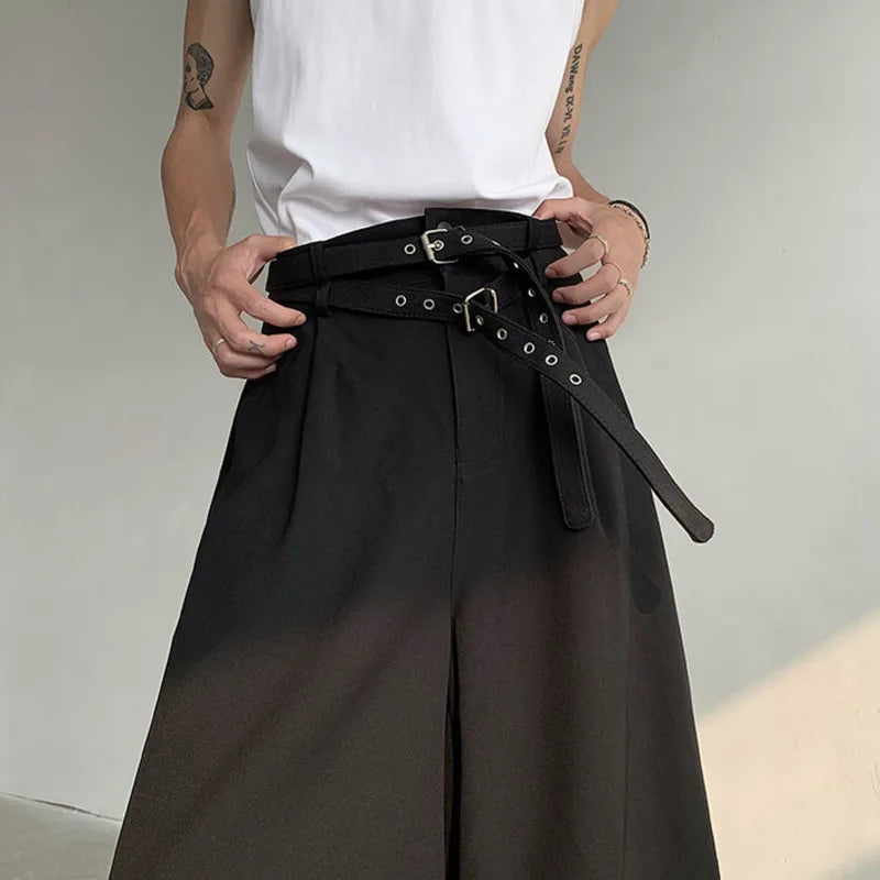 Summer Men's Five-point Shorts Casual Straight Double Belt Design High-waisted Black Male Clothing Wide Leg 9C5517