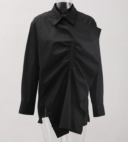 Women Black Irregular Pleated Big Size Elegant Blouse New Lapel Long Sleeve Shirt Fashion Tide Spring Autumn 2025 CPDB184