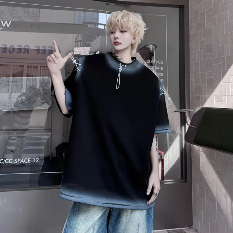 Men's T-shirts New Summer Round Neck Spray Painting Drawstring Decoration Loose Male Short Sleeve Causal Clothing 9W1796