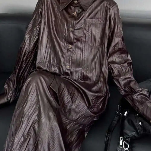 Load image into Gallery viewer, Wine Red Leather Shirt Half-body Skirt Two Pieces Suit New Lapel Long Sleeve Women Fashion Tide Spring Autumn 2025 1DH6880
