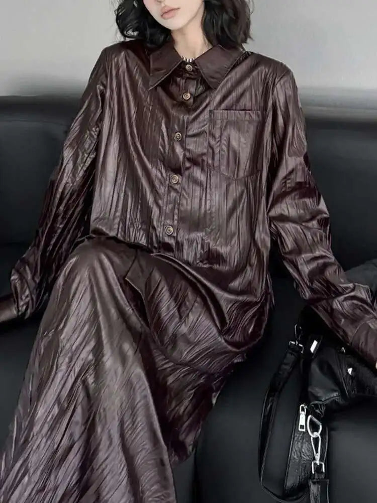 Wine Red Leather Shirt Half-body Skirt Two Pieces Suit New Lapel Long Sleeve Women Fashion Tide Spring Autumn 2025 1DH6880