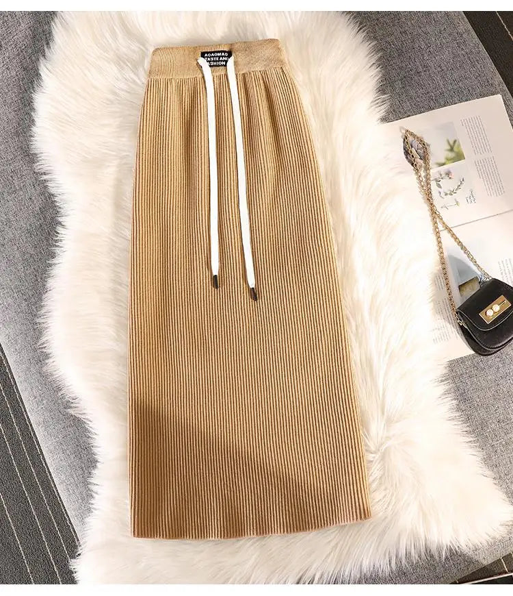 Casual Knit Midi Pencil Skirt Women 2022 Fashion Elastic High Waist Office Lady A-line Skirts Streetwear Autumn Winter