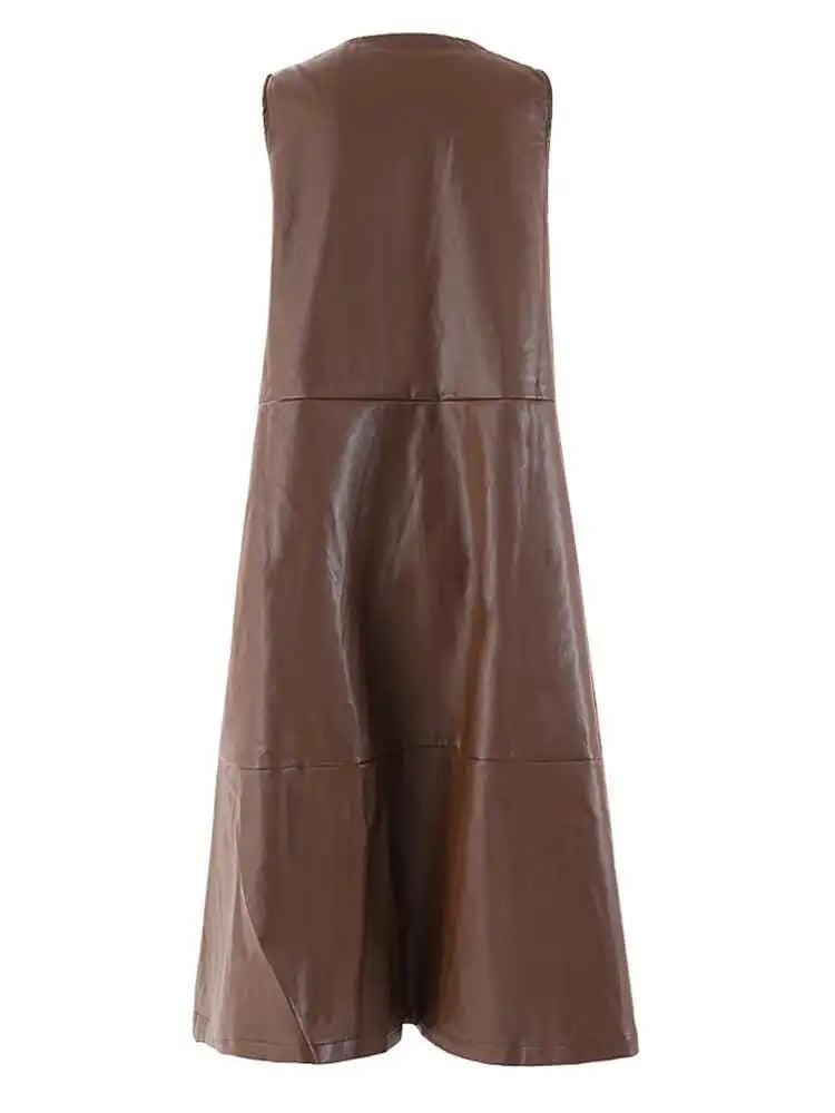 Women Black  Pu Leather Pockets Big Size Long Vest Dress New V-Neck Sleeveless Fashion Tide Spring Autumn 2025 CPG2085