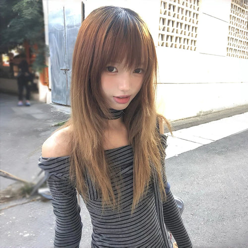 Load image into Gallery viewer, Japanese Y2k Off Shoulder Knitted Tops 2000s Style Long Sleeve Striped T-shirt With Scarf Vintage Harajuku Knitwear 90s
