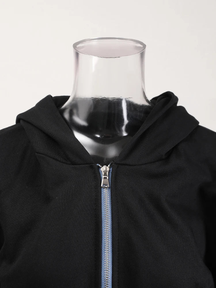 Black Denim Jacket Wide Leg Pants Two Piece Suit New Hooded Long Sleeve Women Fashion Tide Spring Autumn 2025 CPDB013