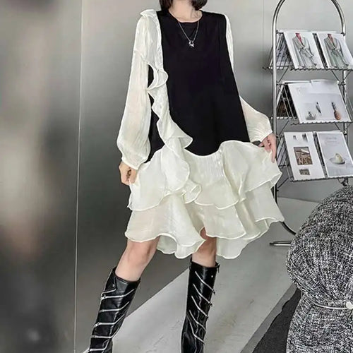 Load image into Gallery viewer, Women Black Ruffles Color-block Big Size Knee-Length Dress New Round Neck Long Sleeve Fashion Spring Autumn 2025 1DH7239
